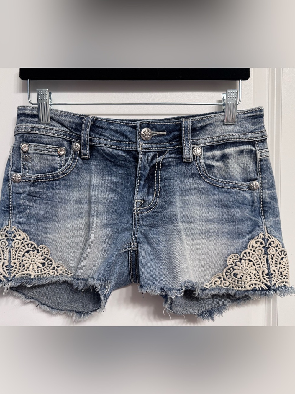 Miss Me Light Blue Denim Jean Shorts with Cream Lace Trim
